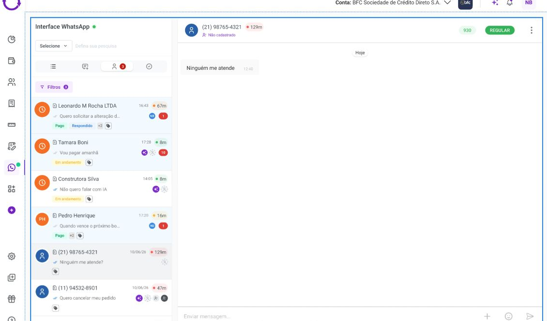 Primeira versão dos filtros da Interface WhatsApp
