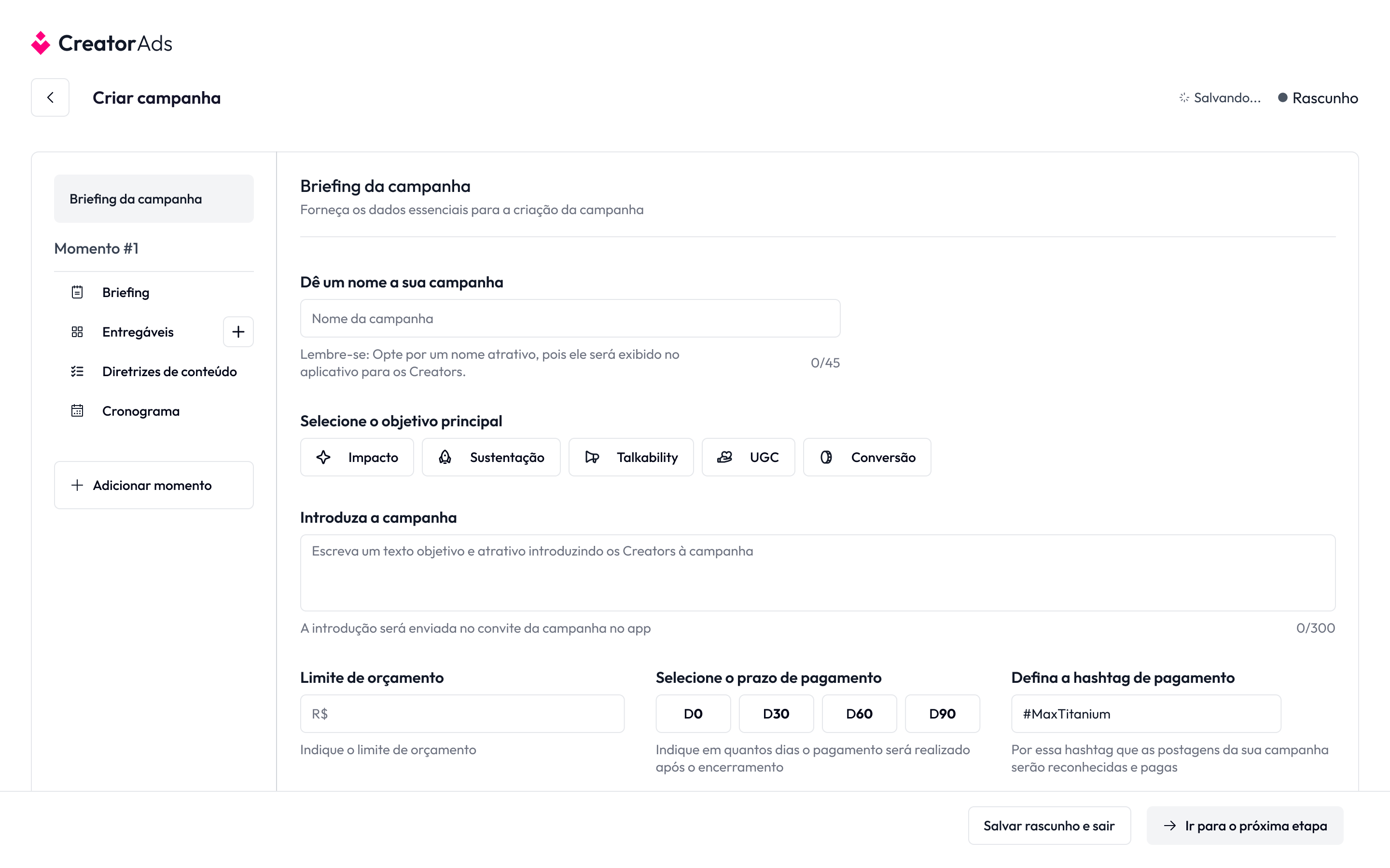 Tela do projeto Origem do Creator Ads