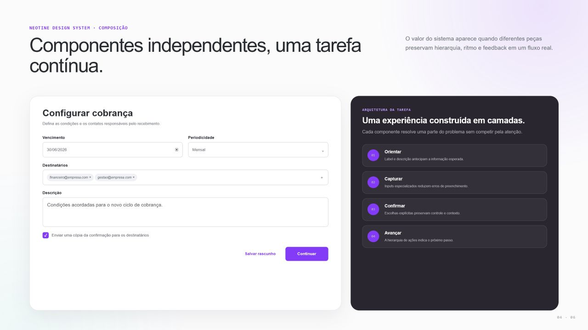Formulário composto com campos, seleção, checkbox e ações do Neotine
