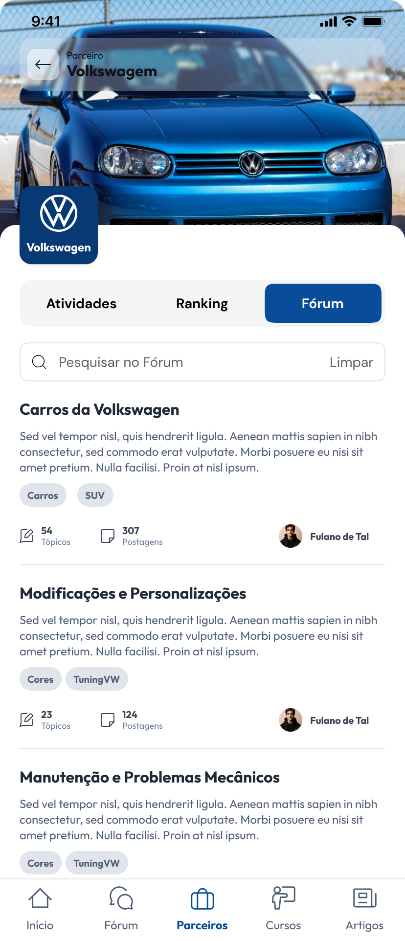 Categorias do fórum da Volkswagen no conceito de aplicativo